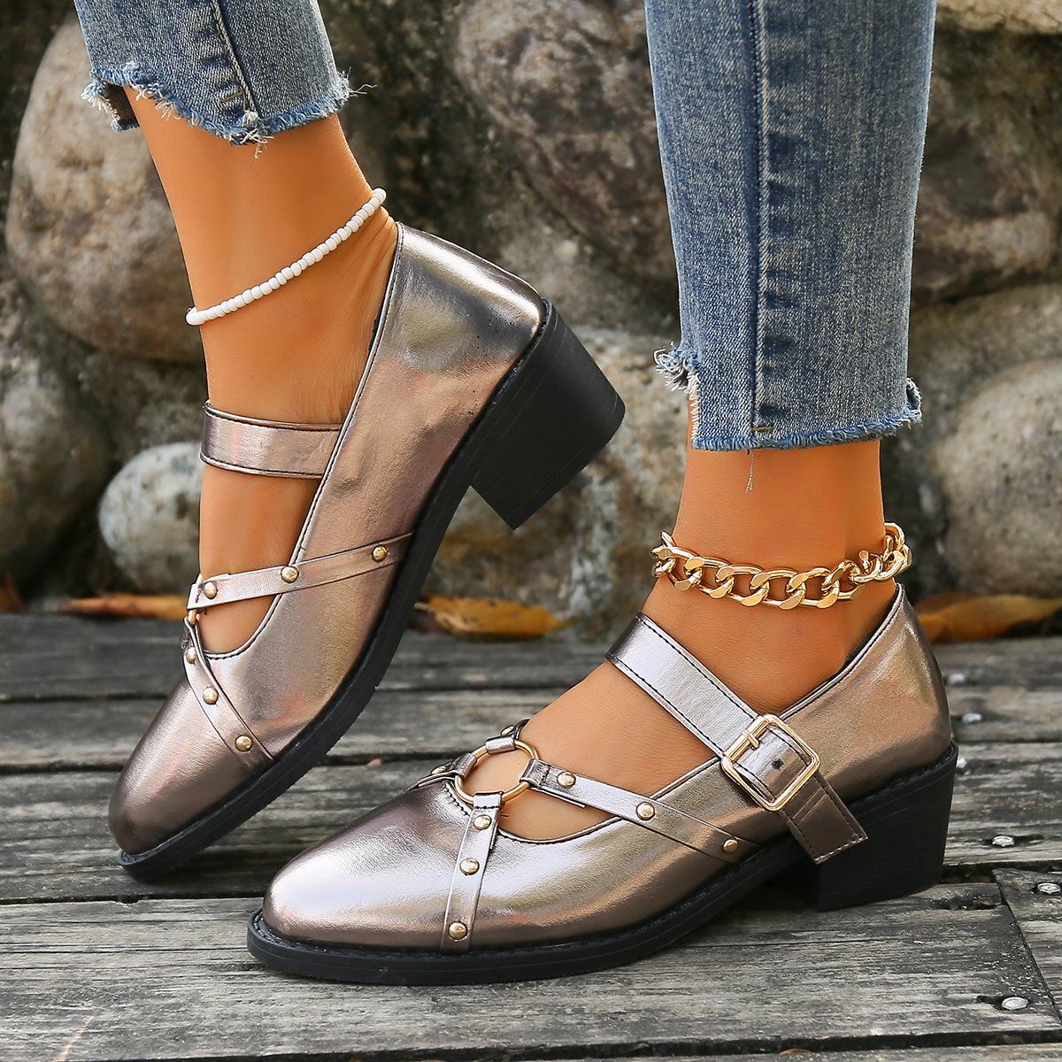 

Spring new pointed belt buckle shallow mouth single shoes pu small leather shoes patent leather punk thick heel medium heel Mary Jane women s shoes 43