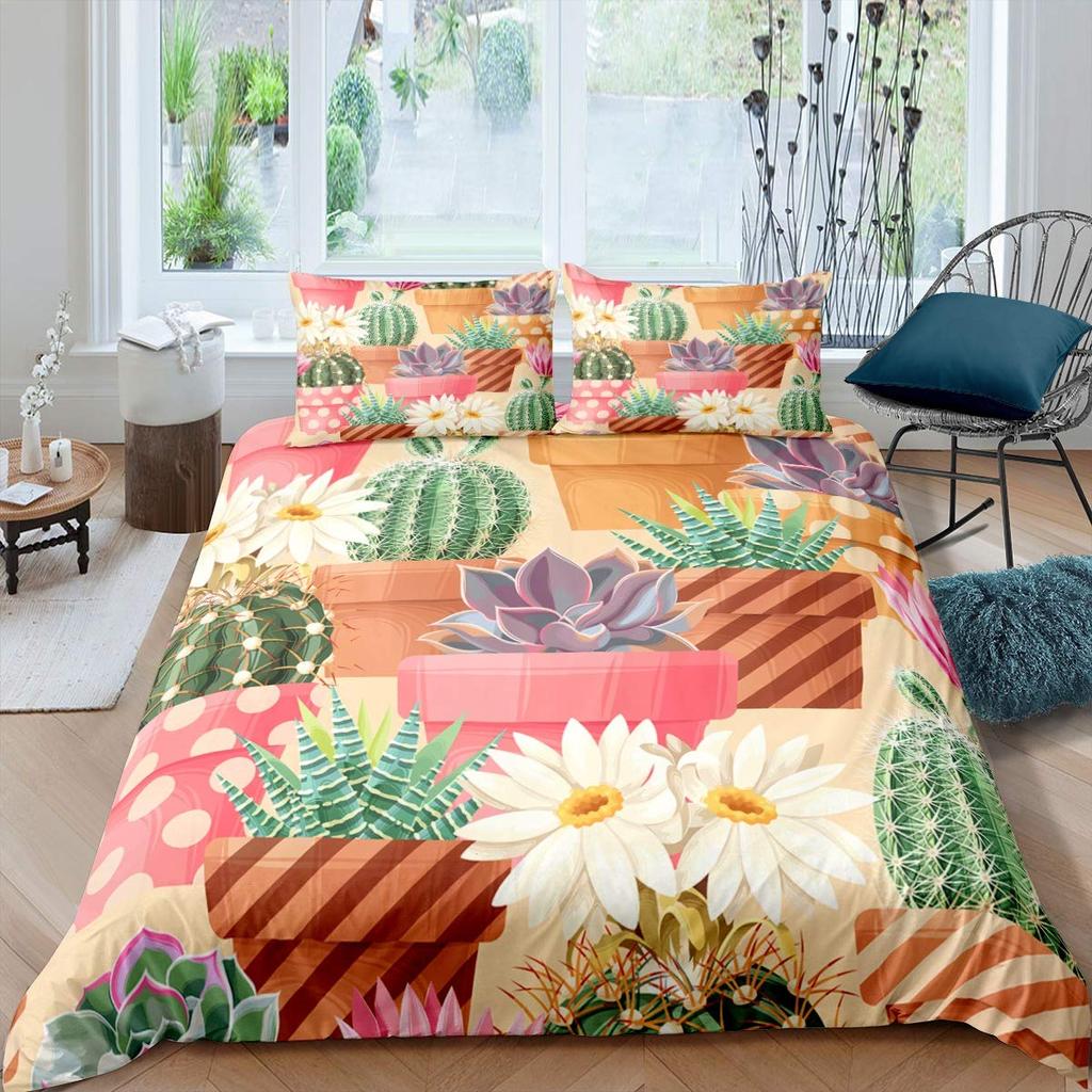 Succulents Duvet Cover Set Green Plant Tropical Botanical Bedding Set Watercolor Painting Stylish Nature Theme Twin Quilt Cover