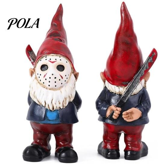 Cute Scary Masked Gnomes Halloween Voorhees Resin Figurine, Horror Hockey Mask Gnome Statue Durable Indoor Window Displays with Knife, Distressed