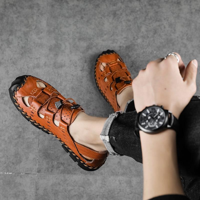 Cei mai noi sandale de vară pentru bărbați, pantofi casual de modă pentru bărbați, design respirabil de marcă, mocasini de plajă, piele naturală, lucrați manual, mărimi mari 38-47