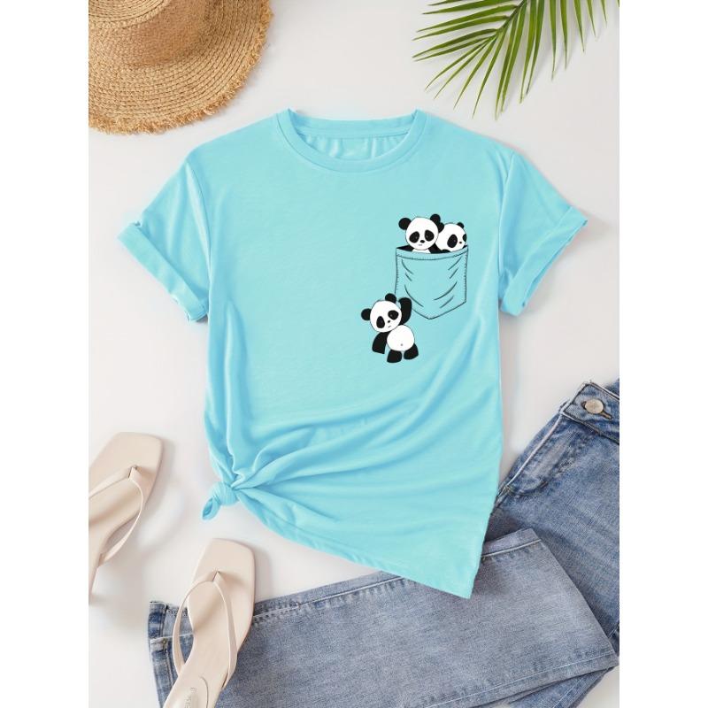 Panda printed round neck T-shirt, casual short sleeved women's clothing for spring and summer