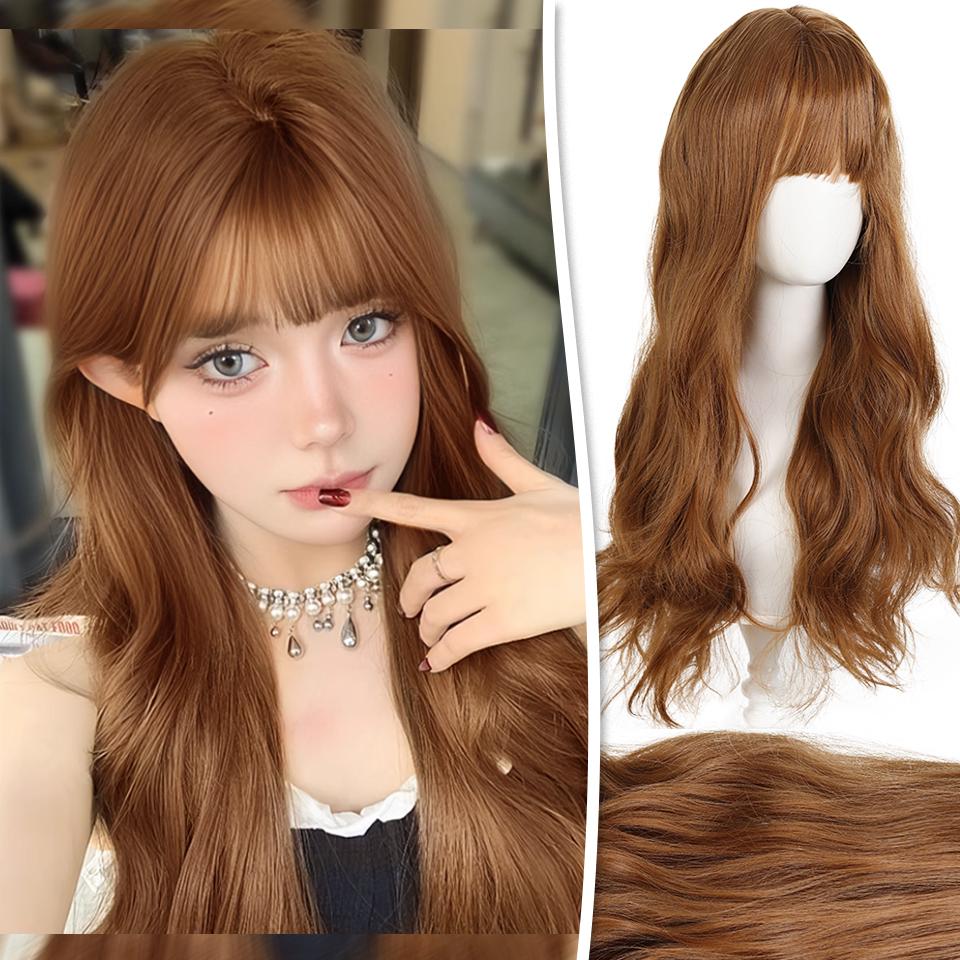 

Кудрявый синтетический парик Женский парик Медово-коричневый Длинный кудрявый парик с челкой Подходит для повседневной носки, фестивалей, ролевых игр 62CM