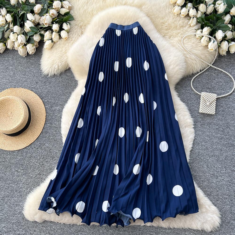 Qooth Vintage Large Polka Dot Pleated A-Line Maxi Skirt Elegant QT2893