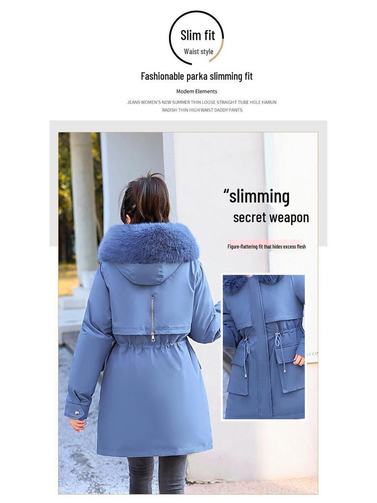 Women's Mid-Length Parka with Removable Lining and Collar - Versatile Three-in-One Winter Coat, Stylish Waist-Hugging Cotton-Padded Design.