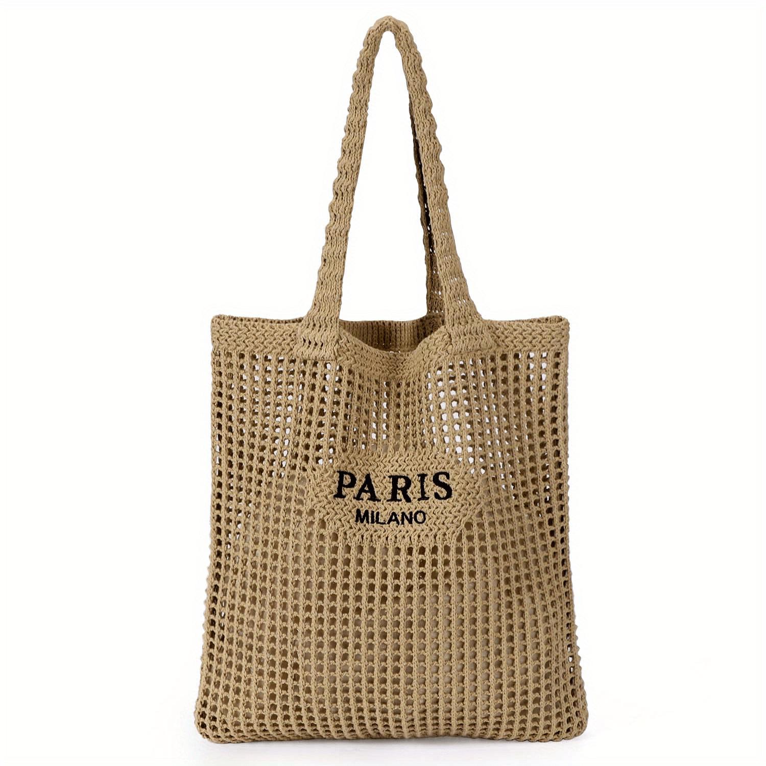 Handgefertigte gestrickte Strandnetz-Tasche - Trendiges Hohlmuster Handtasche & Umhängetasche mit Schriftzug khaki