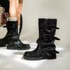 Cowhide Version! Black Trouser Boots European and American Fried Street Round Head Thick Heel Belt Buckle But Knee Fold Tall Knight Boots