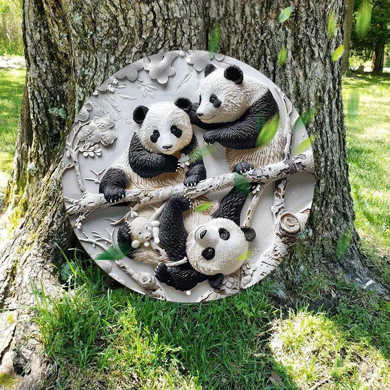 1 Stück Panda Familie Holz Wandkunst - Holz Rundes Schild, 8x8 Zoll Außendekor, Kein Strom Erforderlich, Hängezubehör für Zuhause, Schlafzimmer