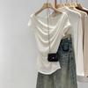 Exquisite Off-Shoulder French Drape Tee: 2025 Summer White Cinched Waist, Short-Sleeve Crop Top.