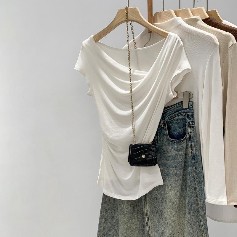 Exquisite Off-Shoulder French Drape Tee: 2025 Summer White Cinched Waist, Short-Sleeve Crop Top.