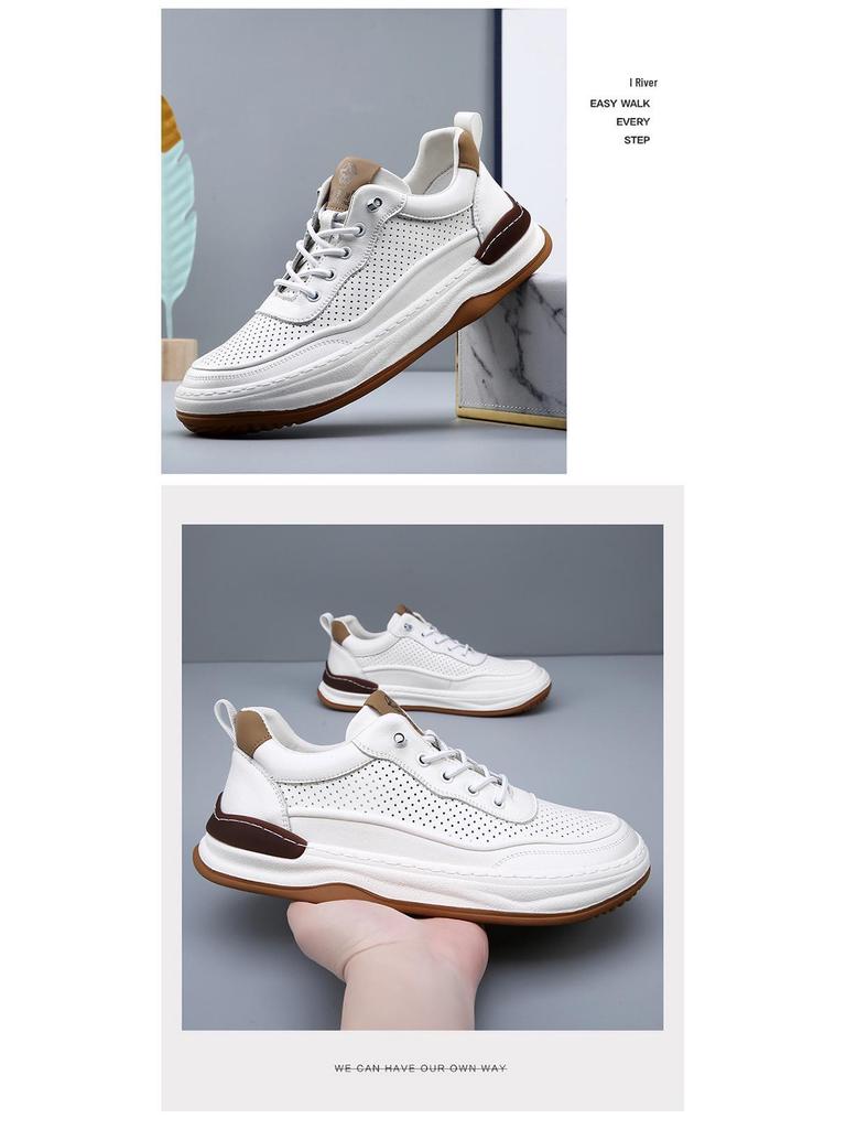 Men's Genuine Leather Crooked Head White Sneakers - Spring, Versatile, Thick Sole, Breathable, Hollow Casual Board Shoes