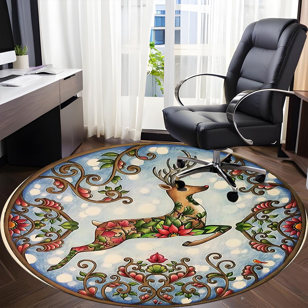 1pc Winter Deer Office Round Area Rug, Under Office Chairs Bedroom Living Room Home Decor, Room Deco