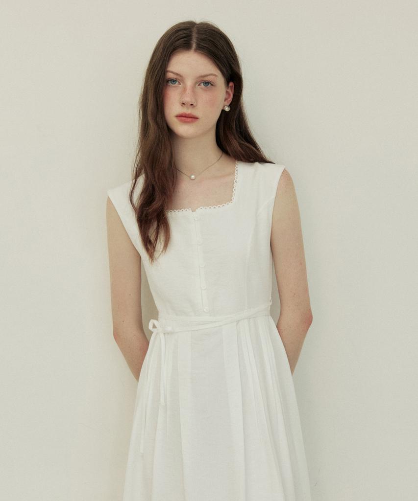 Adowl Classic Pintuck Line Ribbon Long Dress - White