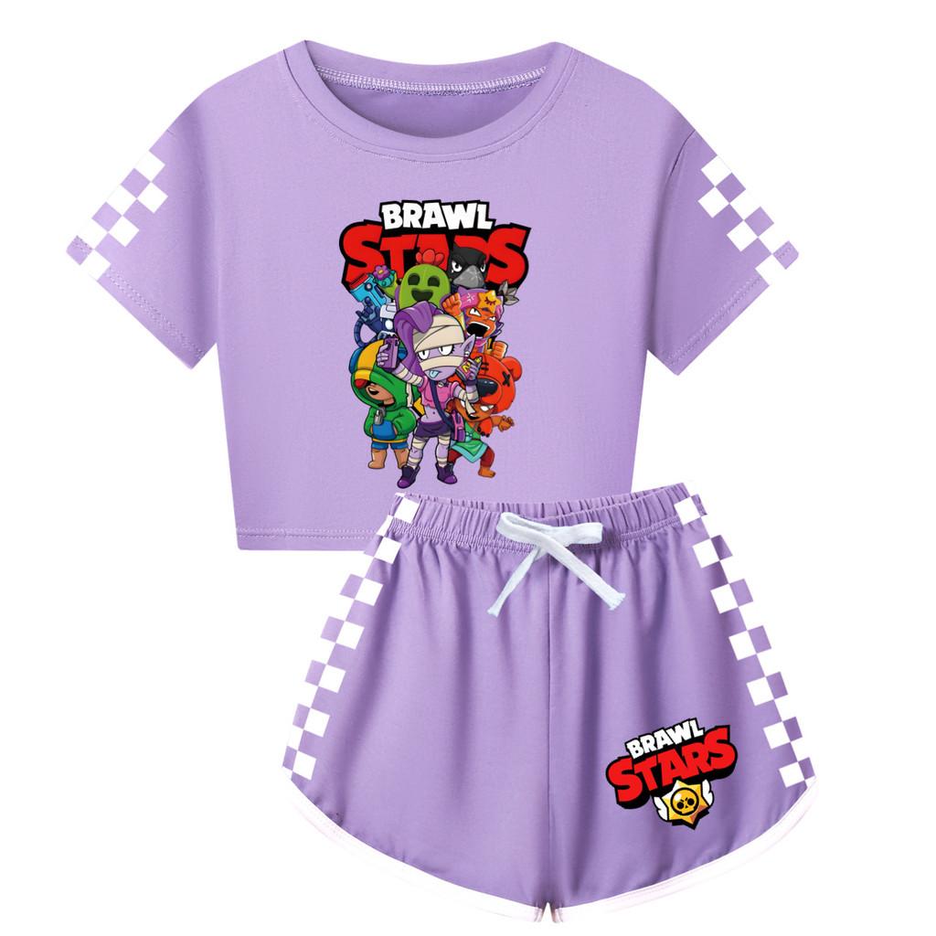 4094 Kids Girls Brawl Stars Print Short Sleeves T-Shirt Shorts Pants Sport Clothes Set