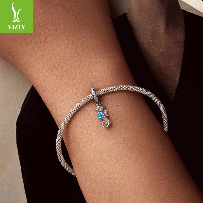 S925 Silver Seahorse Pendant Diy Bracelet Beaded Charm 925 Silver Bead Jewelry Accessories