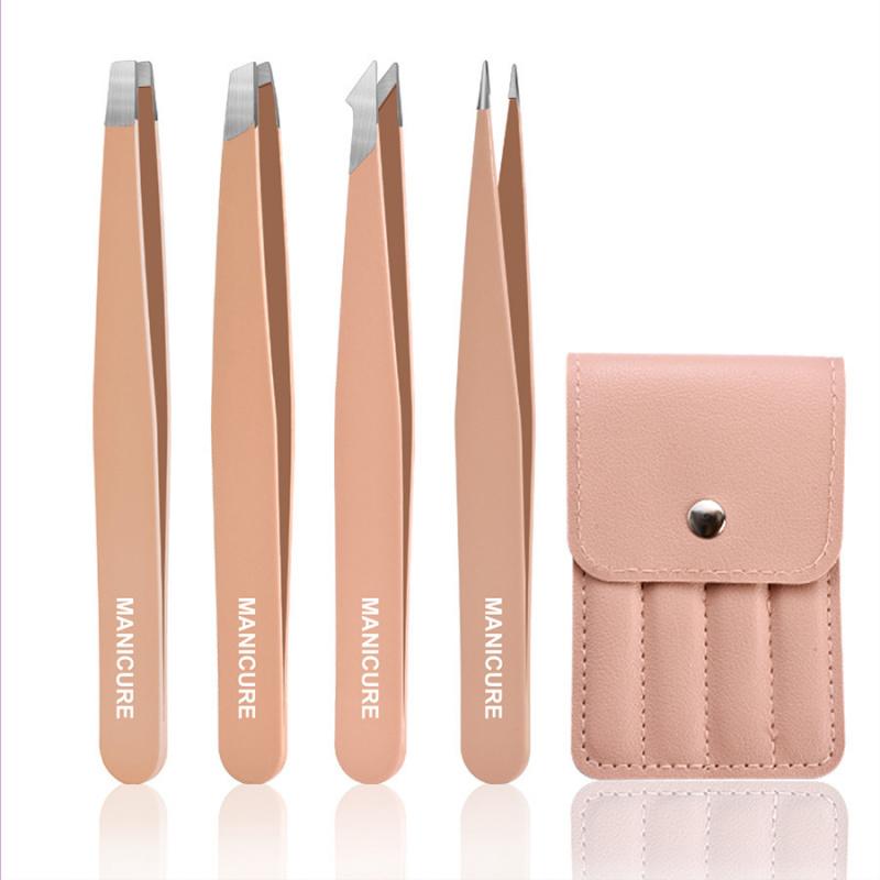 4-piece Stainless Steel Eyebrow Tweezers Purple Set Makeup Tools for Eyelash Extension, Eyebrow Shaping, Hair Removal