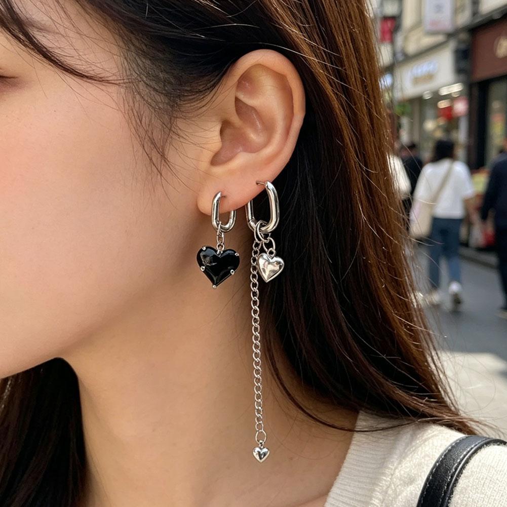 Titanium Steel Asymmetrical Heart Zircon Long Tassel Dangle Earrings Minimal Elegant Fashion Women Daily Party Jewelry Gift