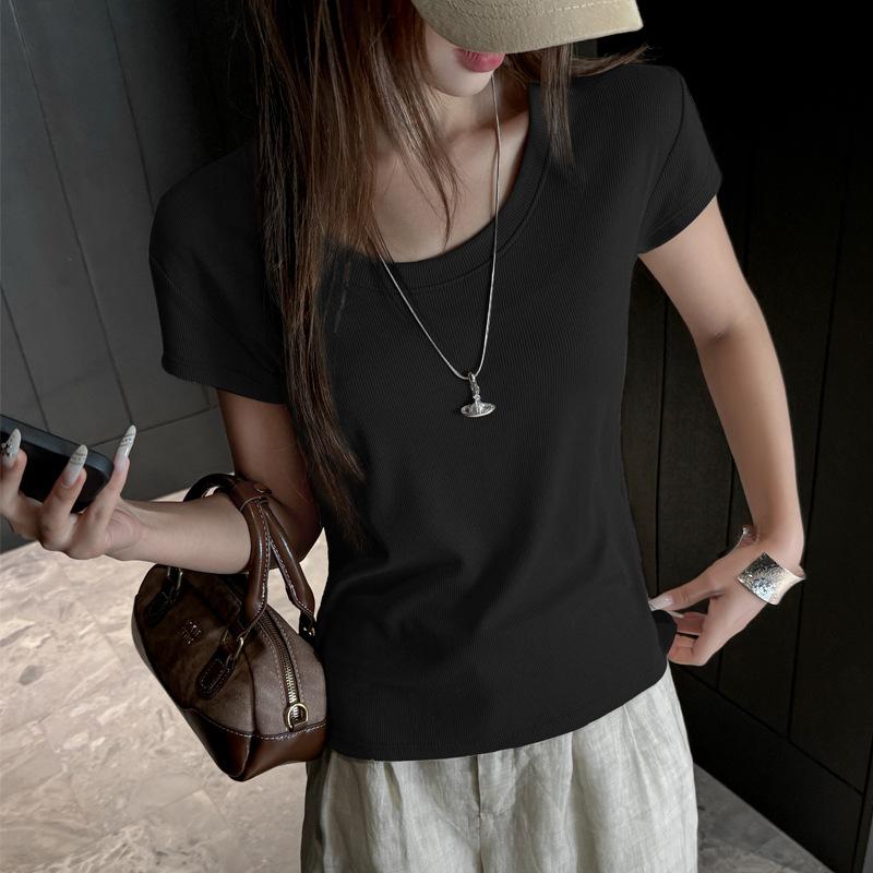

Summer round neck high-end niche front shoulder short-sleeved T-shirt women s solid color small flying sleeve bottoming versatile casual bottom shirt s (suitable for weight 35-47.5kg ) чёрный