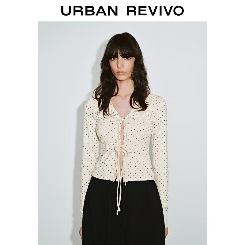 UR 2025 Autumn Polka Dot Ruffle Slim T-shirt