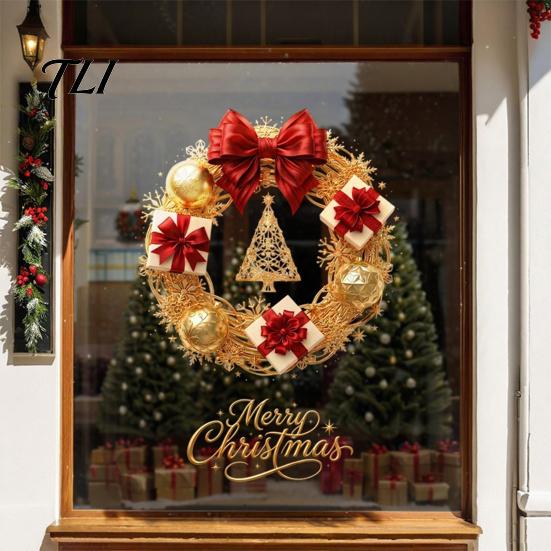 Seasonal Storefront Display Christmas Wreath Static Window Sticker, Decorative Decals for Glass Doors And Windows, Reusable Stickers Removable