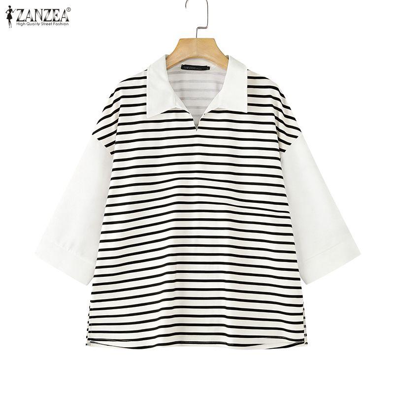ZANZEA Women Turn Down Collar Casual Stripe Splice 3/4 Sleeve T-shirts Blouse
