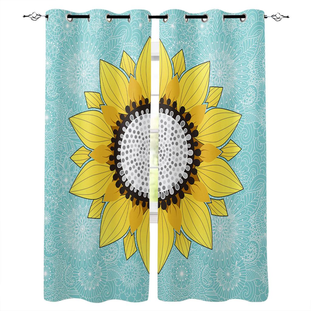Sunflower And Mandala Teal Green Kitchen Curtains Bedroom Decor Items Curtain Panel Window Curtains for Living Room
