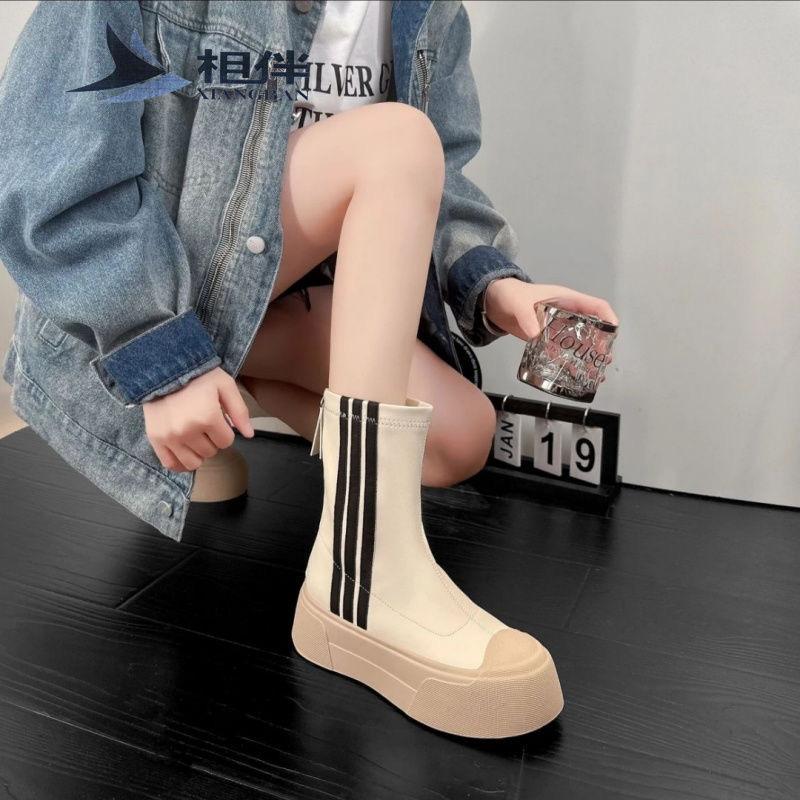 Mode vielseitige lässige Martin Schuhe Damen neue dicksohlige runde Zehen elastische Stiefel dünne Stiefel