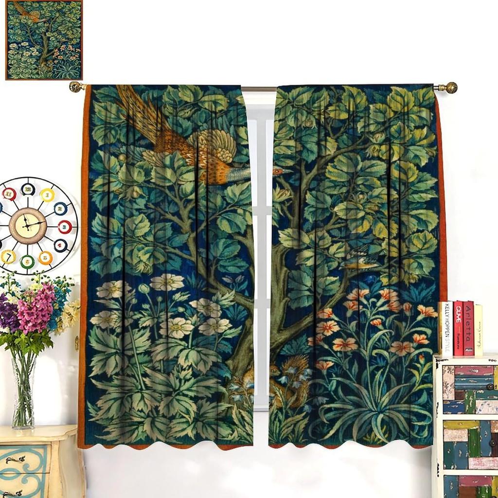 Blackout Vintage William Morris Flower Bird Curtains Retro Plants Red Floral Green Tree Print Window Drapes Bedro Curtain Bohemian Polyester Washable