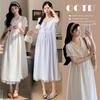 Summer 2026 Sweet Maternity Dress with Lace Patchwork and Vertical Stripes