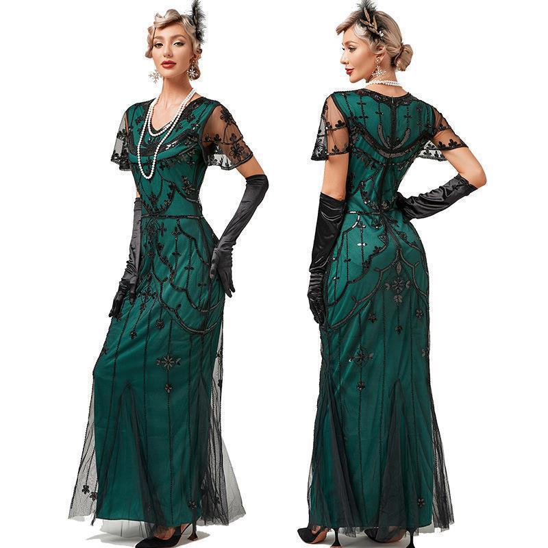 

1920s Retro Sequin Short Sleeve Evening Gown Small