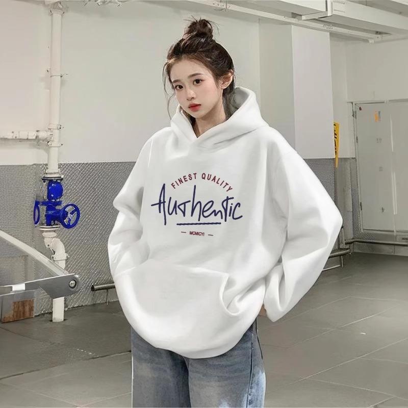 Grey hooded sweater women's coat, autumn and winter fleece thickened e loose top