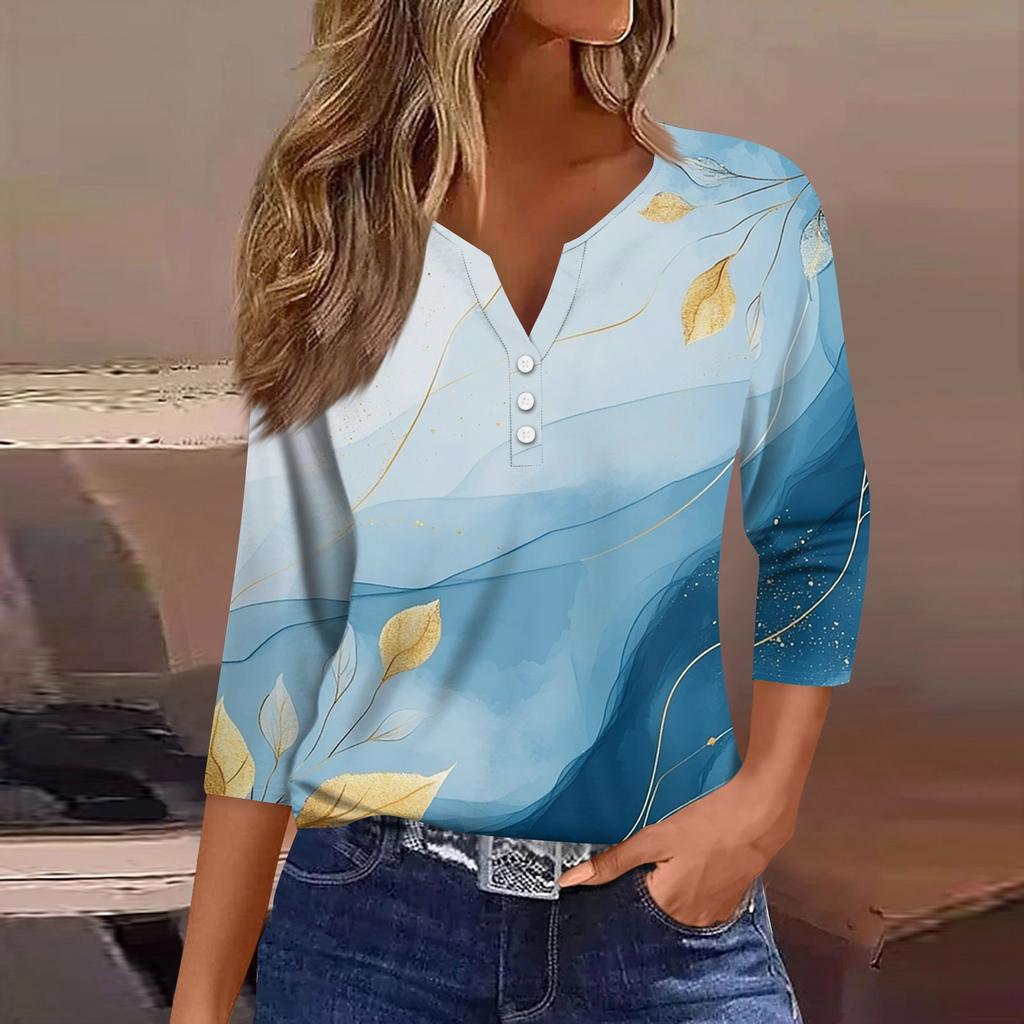 Women's T Shirt Tee Print Button 3/4 Sleeve Daily Weekend Fashion Basic V Neck Regular Top