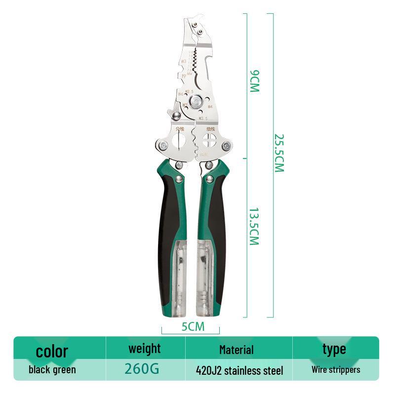 Key Brand Industrial-Grade Multifunction Wire Stripper with Screwdriver, Crimper, Voltage Tester, and Hook Knife for Electricians.
