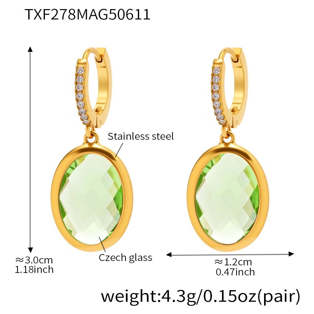 Qiong Yao Retro Czech Glass  Zircon Oval Stone Pendant Earrings for Women