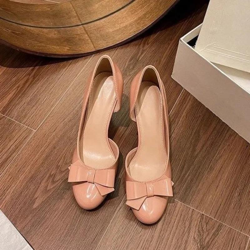 Handmade High Heel Single Shoes Evening Wear Round Toe French Polished Leather Slip-On Women's Gentle Side Empty Butterfly Knot