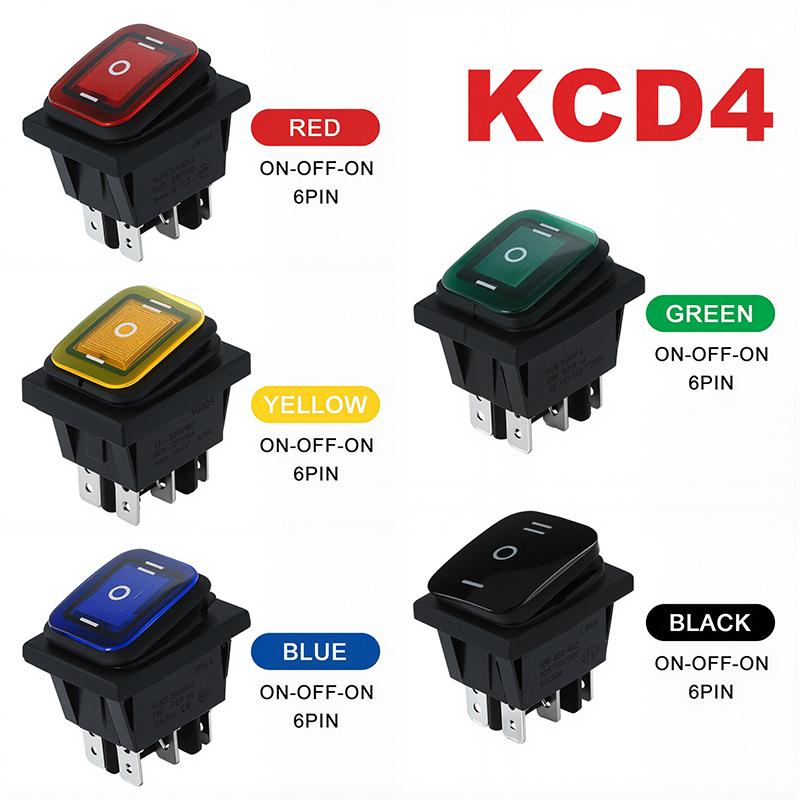 2pcs KCD4 Waterproof Rocker Switch 4 6 Pin Latching 16A 250VAC DPDT ON OFF ON 12V 220V Red Green LED Light Button Switch