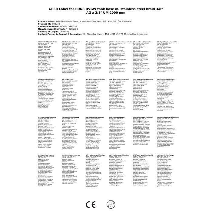 Flexible Stainless Steel - KLASEBO - 3/8 Inch - 2000mm - Potable Water - Resistance 10 Bar