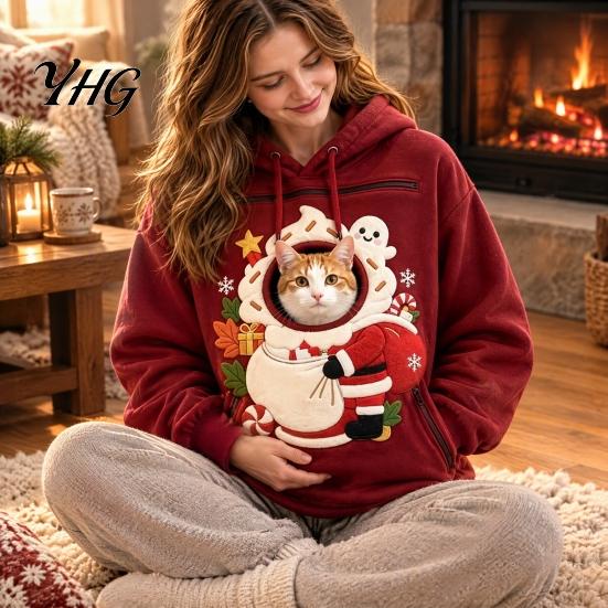 Festive Pet Carrier Clothing Unisex Pouch Christmas Hoodie, Cute Dog Cat Hooded Sweatshirt with Animal Carrying Hoodie Graphic, Cozy Fleece