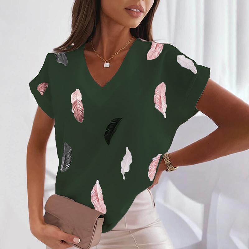 Sommer Herz Feder Floral T-Shirts 3D Druck Damen Y2k Streetwear Harajuku T-Shirt Tops V-Ausschnitt Tees Damen Übergröße Kleidung