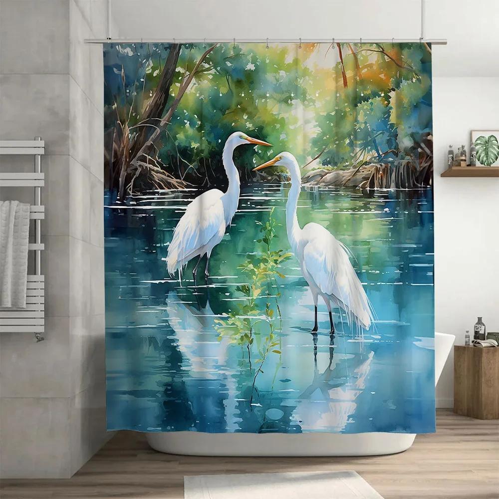 ~O~Watercolor Birds Bathroom Shower Curtain White Pelicans Swamp Print Home Decor Waterproof Fabric Shower Panel Suitable for Ba