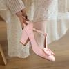 Pink Large Size Shoes Thick Heel Middle Heel Bow T-button Women's Shoe Size
