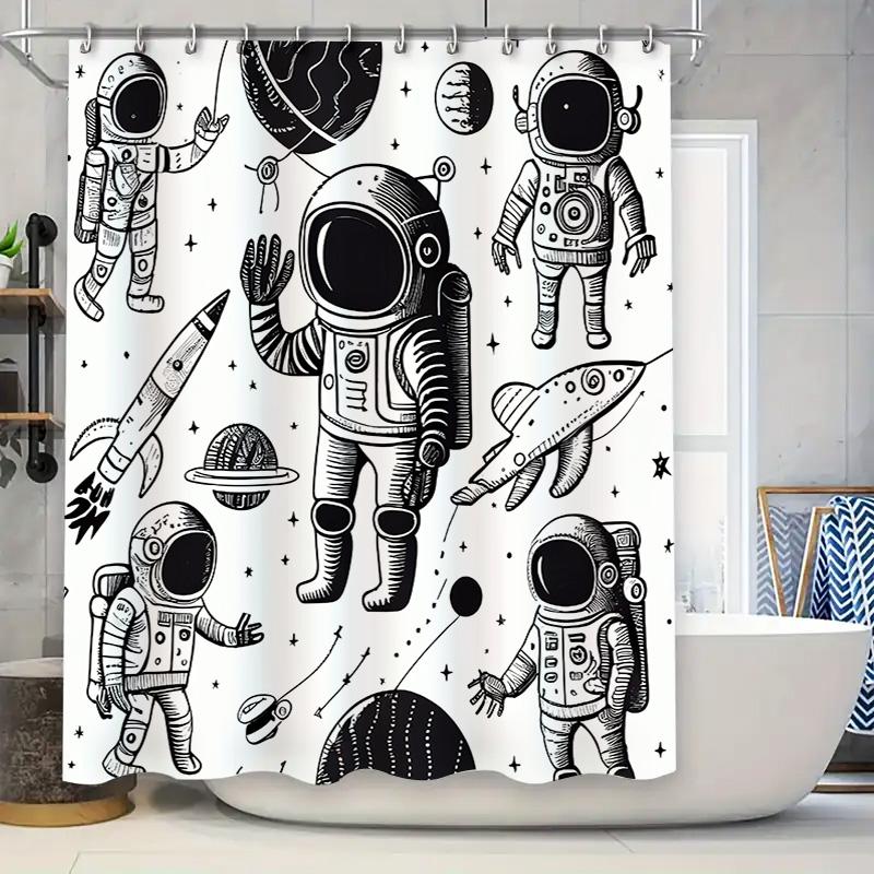 

Space Exploration Astronaut Shower Curtain Setblack White Pattern Print For Bathroom Decor 72\ X 84\ W60H190(CM)-1 Pcs