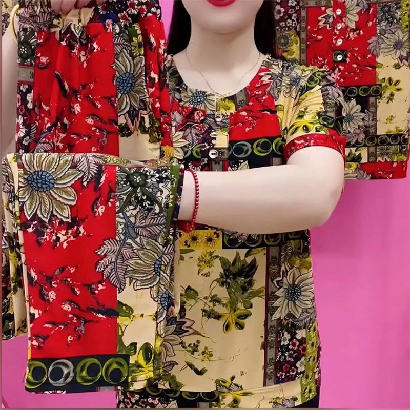 

Chinese Style Chic Slimming Short Sleeve Set for Middle-aged Women - Summer/Autumn 4XL (138-145 jin) червоний