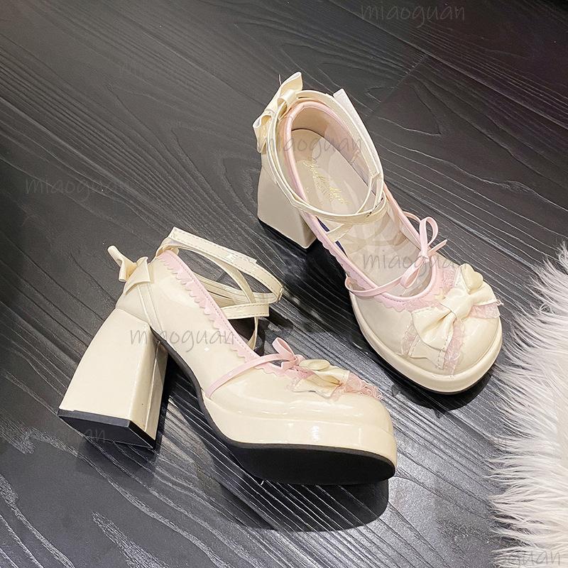 Fashion Women Platform Lolita Shoes Bowknot Mary Janes Shoes High Heels Trend Kawaii Leather Straps Fashion Chunky Heeled Pumps Size 34
