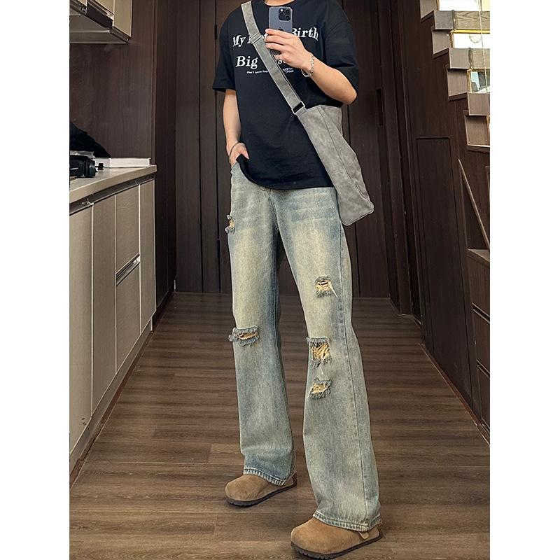Джинсы мужские JYL Американский винтаж Рваные Модные Потертые Свободные Прямые Стирка Деним S