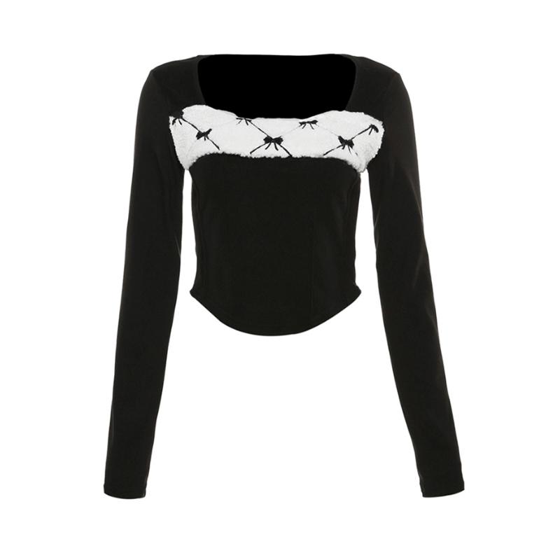 Y2K Vintage Slim T Shirts Women Autumn Winter Bottoming Crop Tops Patchwork Long Sleeve Tees Korean Fashion Pullover