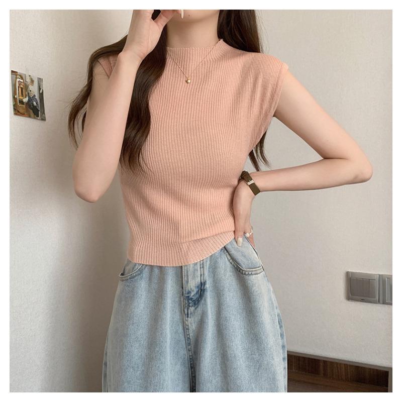 Modny Temperament Krawat Krótki Rękaw Dzianinowa Koszula Kobiety Lato Seksowna Pusta Pół Wysoki Dekolt Krótki Zmysł Designu Nisza Bluzki Casual Dopasowany Krój Pulowery T-shirty