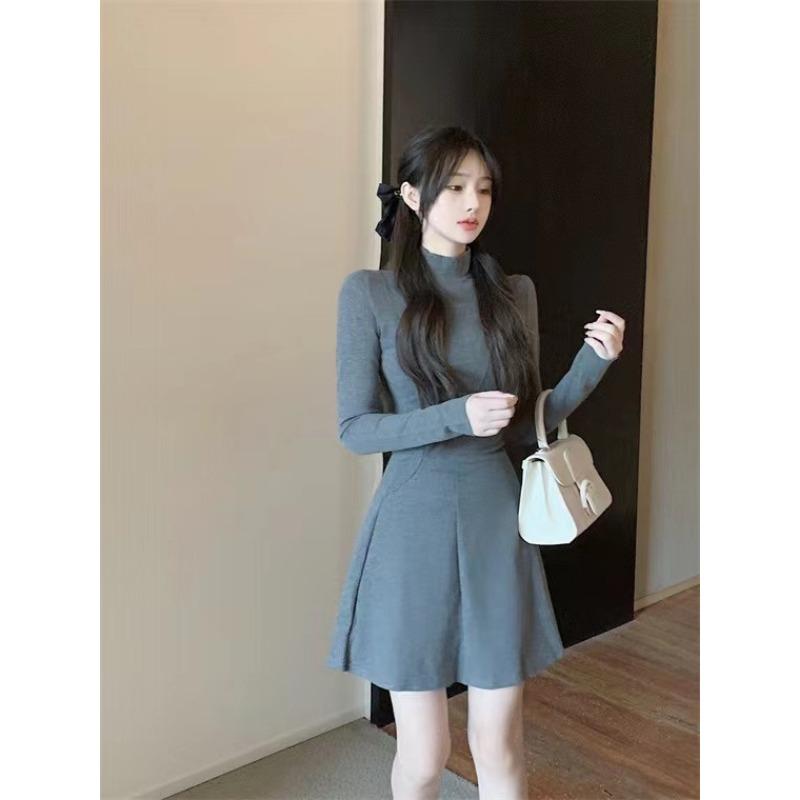 Jesień Zima Wysoki Kołnierz Jednolity Elegancki Modny Mini Sukienka w Talii Kobiety Długi Rękaw Uniwersalna Podstawa Szata Vestidos