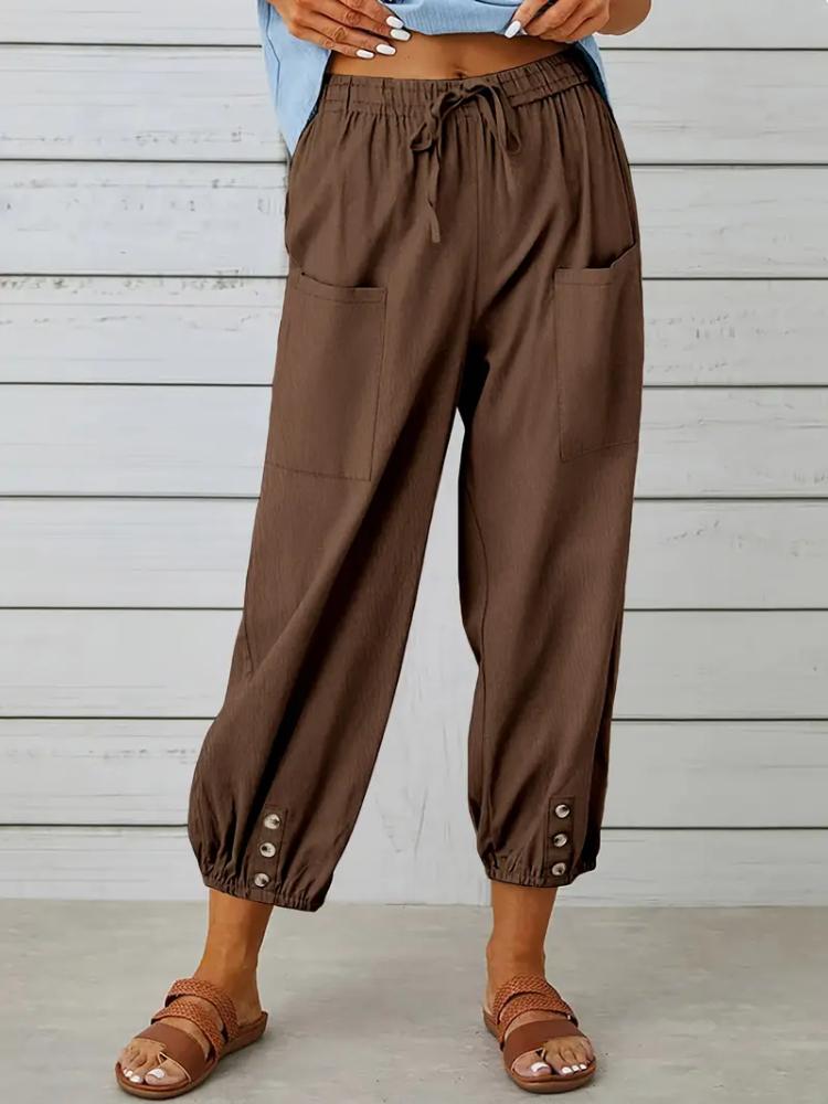 Women Capri Pants Drawstring High Waist Trousers Wide Leg Cropped Pants with Pockets