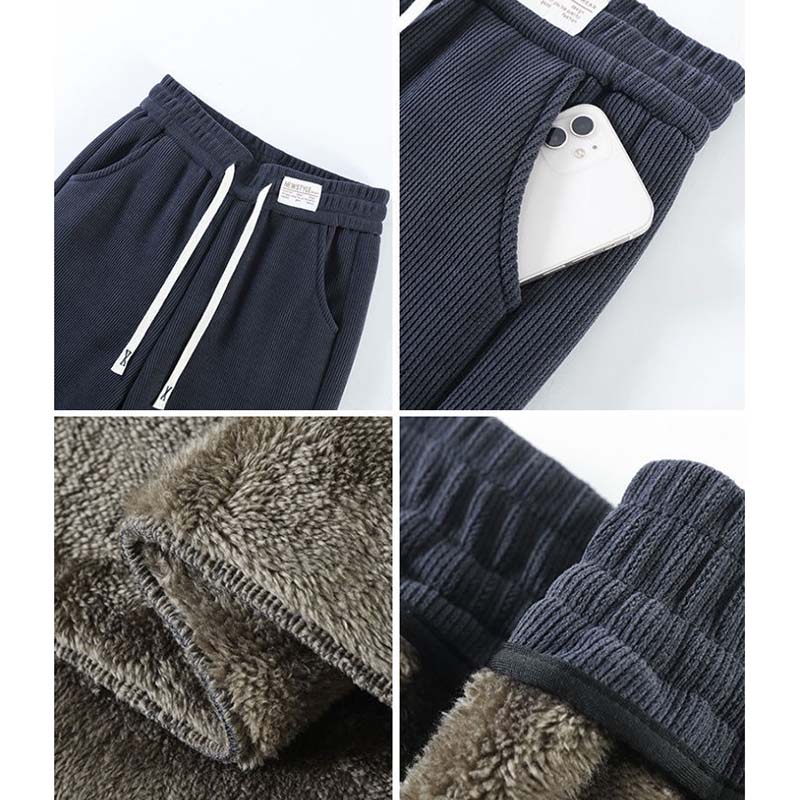 Calças femininas de inverno com elástico na cintura e forro de lã grossa, calças casuais de veludo cotelê com perna reta e quentes