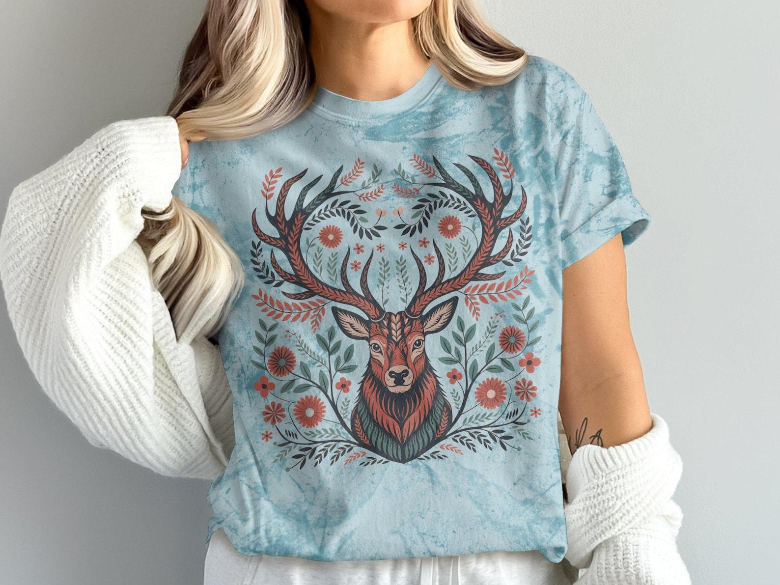 Deer Antler Scandinavian Folk Art Cottagecore Floral Design T-Shirt, Nature Inspired Stag Shirt, Scandi Art, Artistic Woodland Apparel 3XL